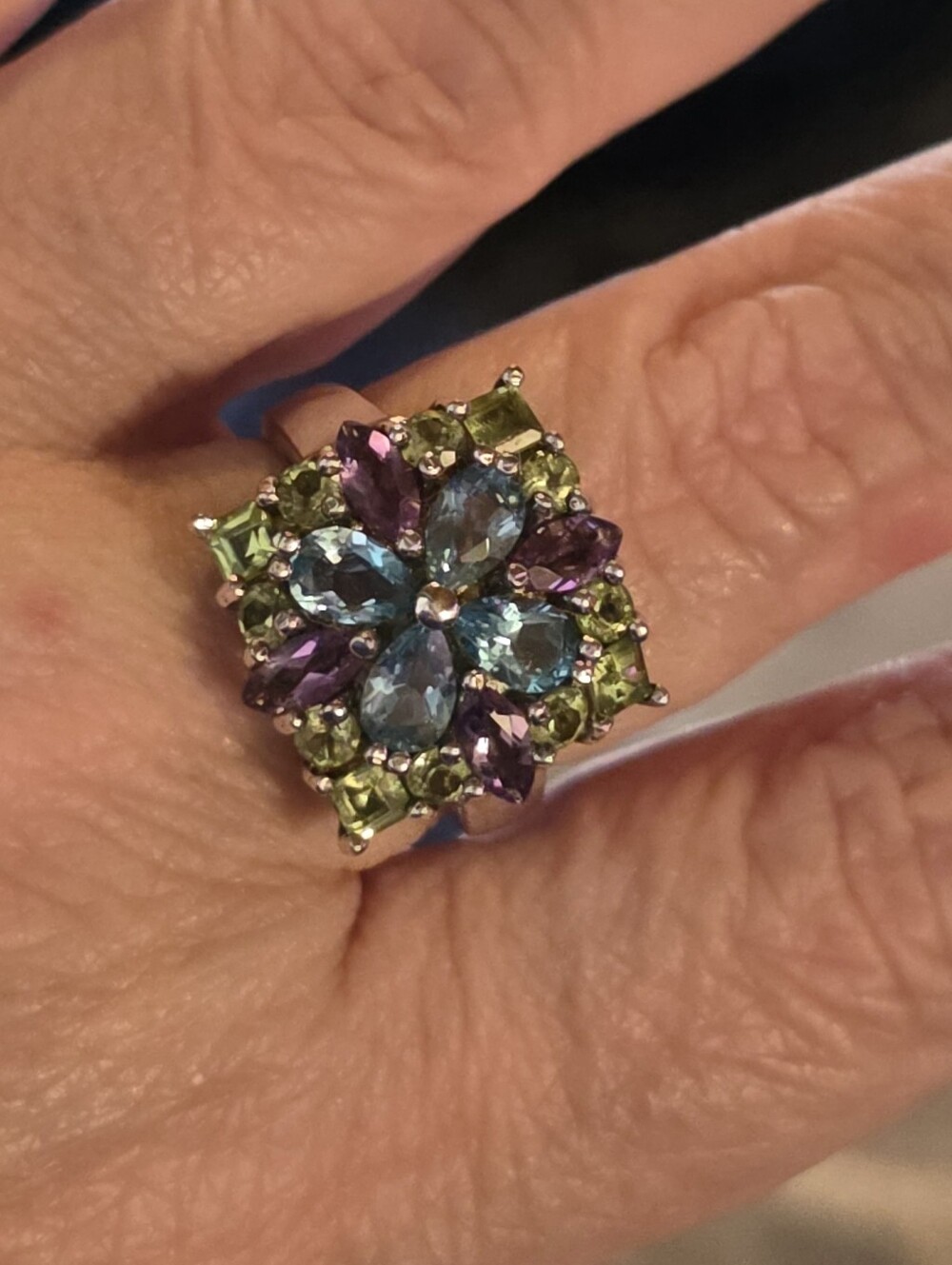 Floral Gemstone Ring - Blue Topaz, Amethyst & Peridot - Sterling Silver